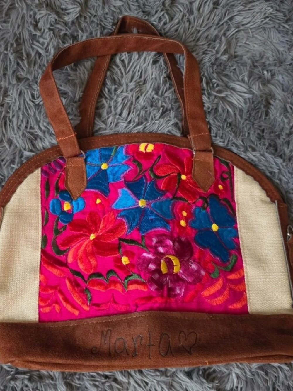 Embroidered Floral Zip Satchel Top Handle Bag Lined Inner Pockets Pink